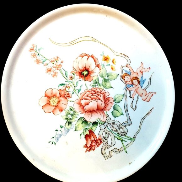 Vintage Hand Painted Porcelain Platter with Flowers and Angels 11.5 Inch Round - Picture 10 of 12